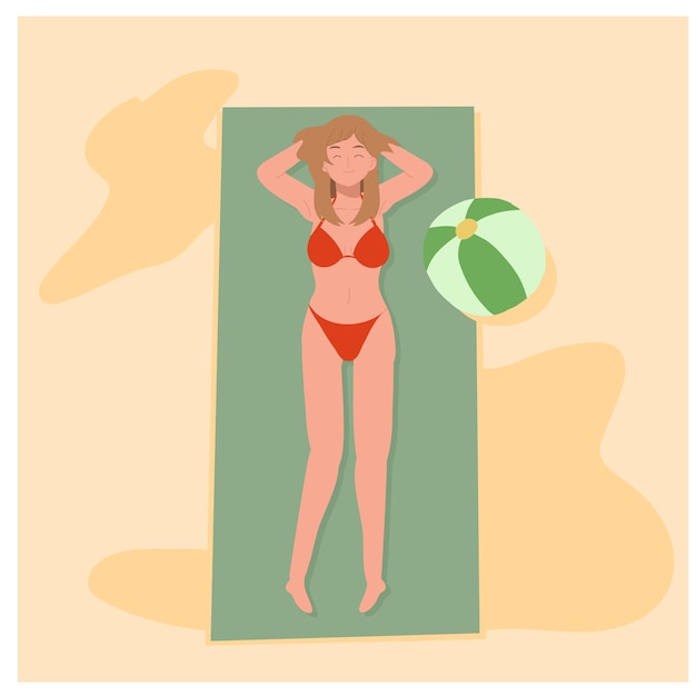 Zomer strandvakantie thema gelukkig meisje in bikini op het strand ligt te zonnebaden vlakke vectorillustratie