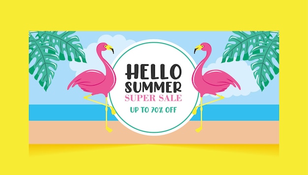 Vector zomer super sale banner met flamingo's op het strand