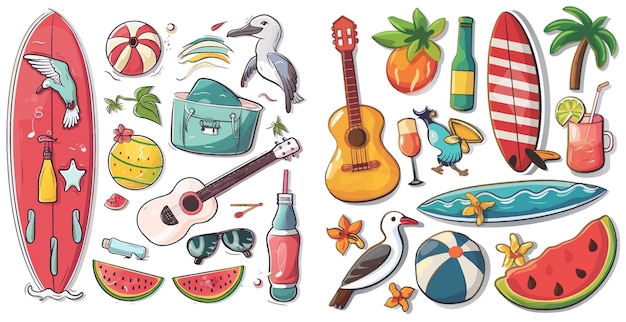 Vector zomer symbolen stickers surfplank