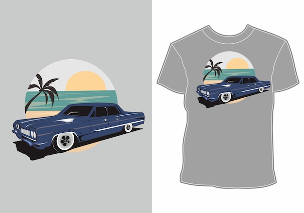 Zomer t-shirtontwerp, auto retro, vintage, klassieke zomervakantie aan het strand