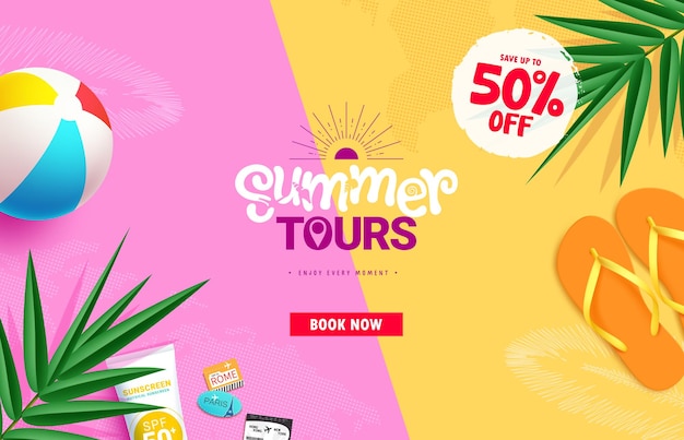 Zomer tours online vector sjabloon ontwerp Zomer reis tours boeken website met promo korting