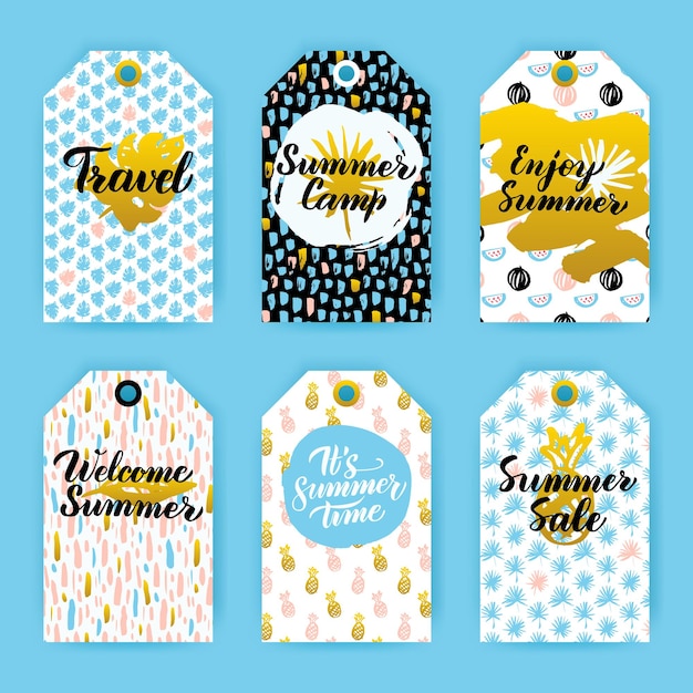 Zomer trendy hipster cadeau-etiketten. vectorillustratie van 80s style shop tag design met handgeschreven letters.