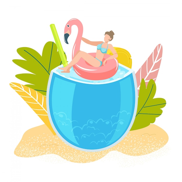 Zomer tropische vakantie, meisje op zee zwemmen in tandvlees flamingo, strandbar concept van zee vakanties geïsoleerd op witte platte illustratie met cocktail, palmen, paraplu.