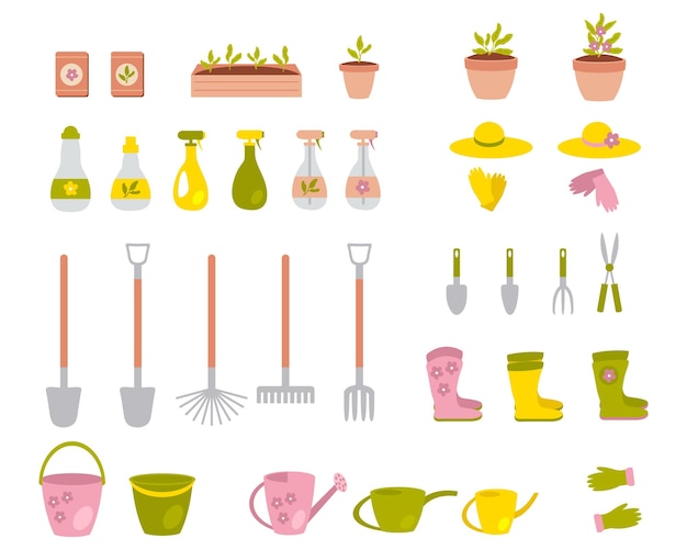 Zomer tuiniersgereedschap en werkkleding vlakke set met de hand getekend zorg voor bloemen en zaailingen clipart collectie Vector illustratie geïsoleerd op witte achtergrond