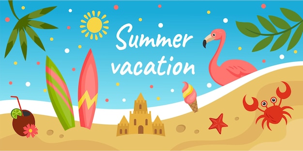 Zomer vakantie banner zee strand landing mensen surfen en drinken tropische cocktail fruit en flamingo exotische vakantie reis Oceaan water en zand kust Vector flyer achtergrond