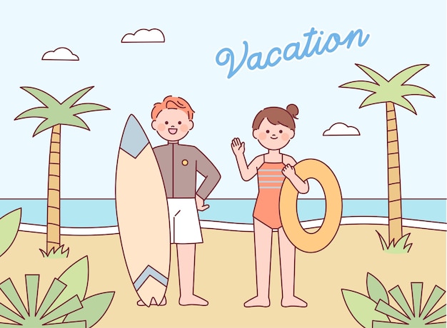 Zomer vakantie poster. leuke man en vrouw die elkaar begroeten met surfplanken en zwembuizen.