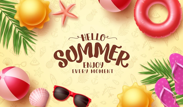 Vector zomer vector achtergrondontwerp hallo zomer groet tekst in doodle patroon ruimte met strand