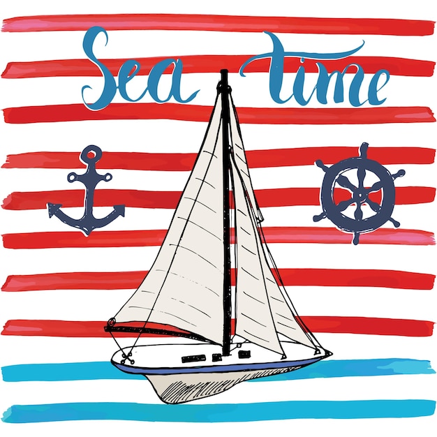 Vector zomer vectorillustratie yacht anchor navy-objecten en belettering