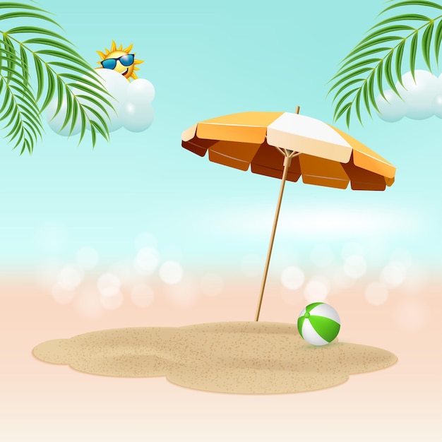 zomer verkoop banner achtergrond parasol op zand met strandbal palmboom en zon met lucht