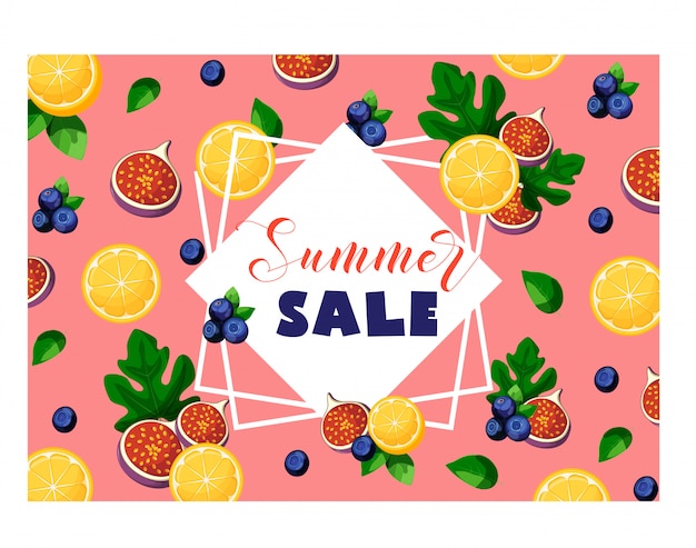 Zomer verkoop banner met fruit en bessen citroen, vijgen, bosbessen, bladeren, frame en tekst op roze.