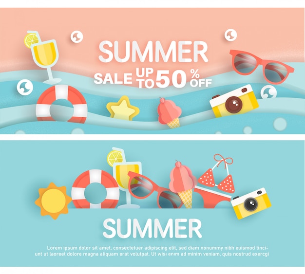 Zomer verkoop banner met zomer element in papier gesneden stijl