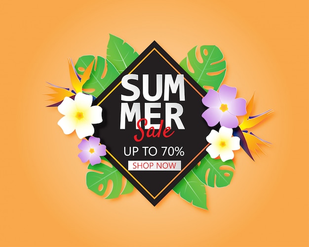 Vector zomer verkoop banner of poster met bloemen en bladeren in papier knippen stijl. reclame voor winkelpromotie.