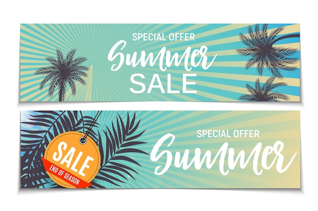 Zomer verkoop banner vectorillustratie. Zomer strand vlakke afbeelding met palmbomen