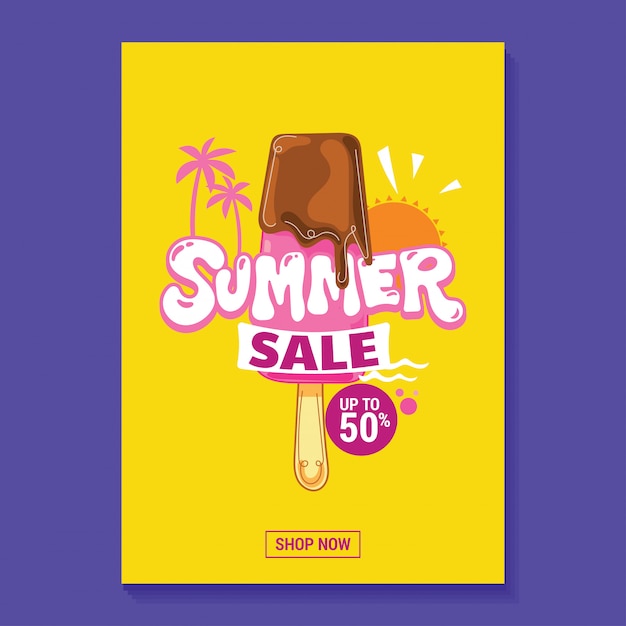 Zomer verkoop illustratie Poster met ijslolly, strand en tropische bladeren achtergrond