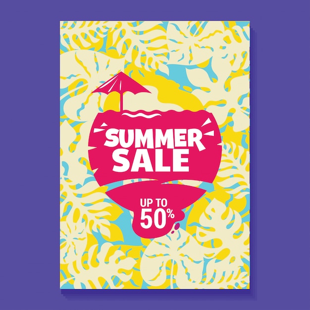 Zomer verkoop illustratie poster met ijslolly, strand en tropische bladeren achtergrond