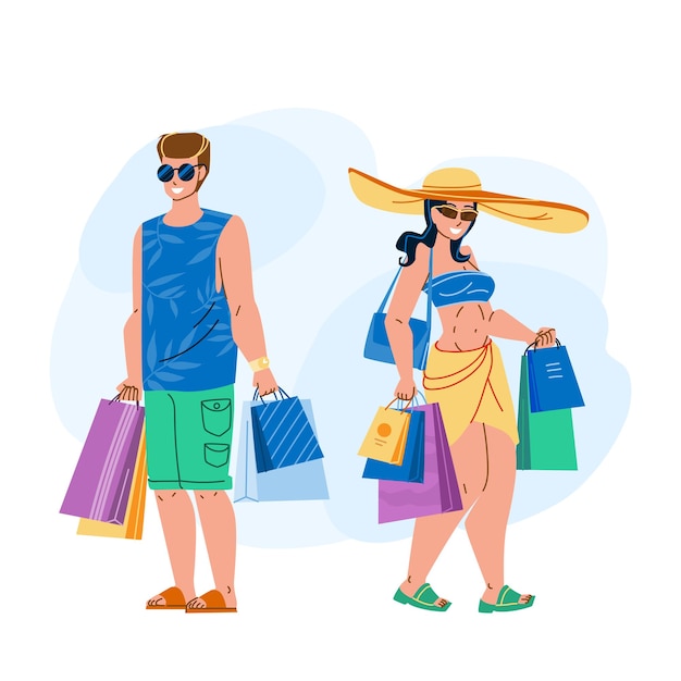 Zomer verkoop korting winkelen klanten vector. stijlvolle man en vrouw die aankopen doen in kledingwinkel seizoensgebonden zomerverkoop. tekens shopaholic paar platte cartoon afbeelding