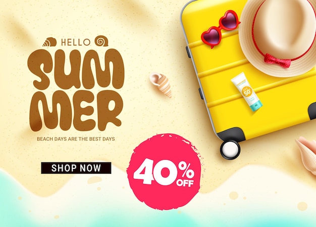 Zomer verkoop tekst vector banner ontwerp zomer verkoop in 40 off clearance korting aanbod met strand