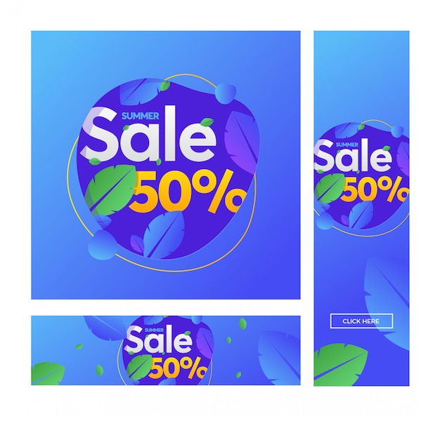 Zomer verkoop vector banner met bladeren in moderne stijl.