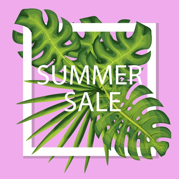 Zomer verkoop vector banner met exotische planten. realistische palmbladeren