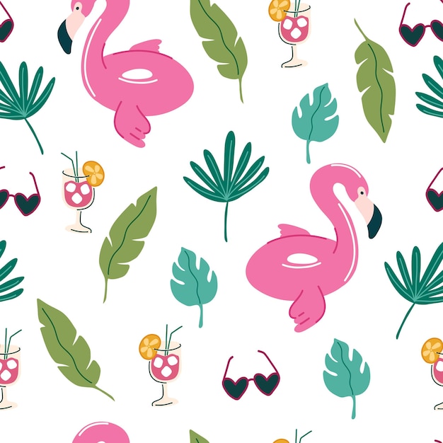 Zomer vibe flamingo naadloos patroon opblaasbare rubberen zwemring flamingo zonnebril palm