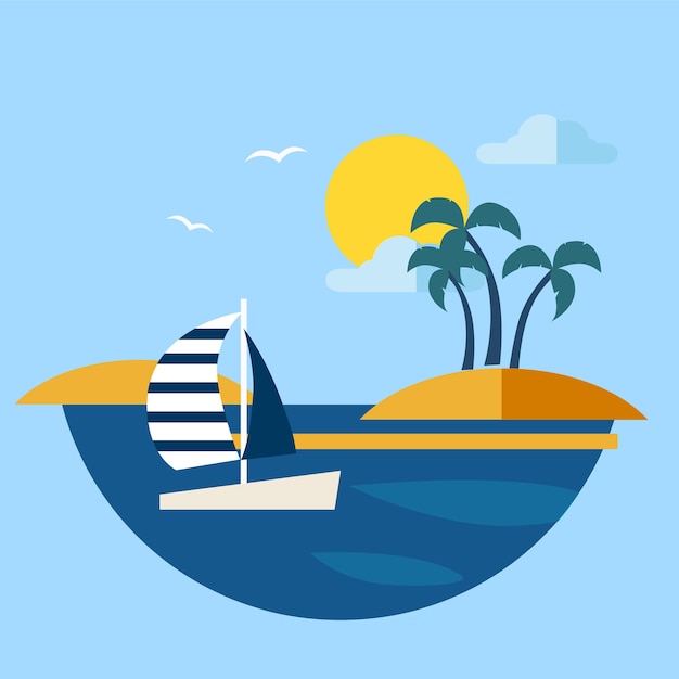 Zomer zeegezicht met zeilboot Vector illustratie moderne stijl