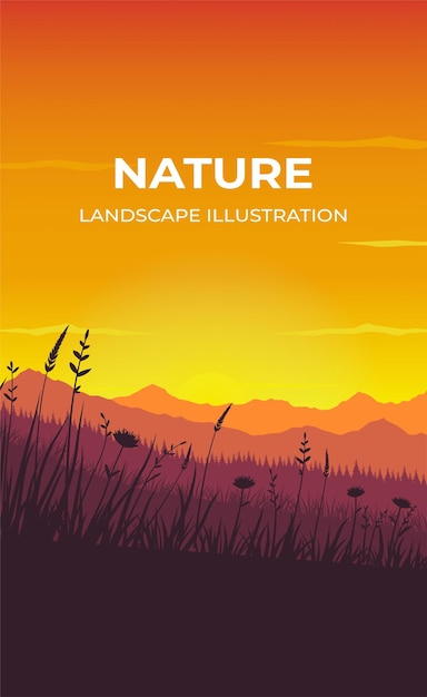 Zomer zonsondergang gras silhouet landschap verticale illustratie