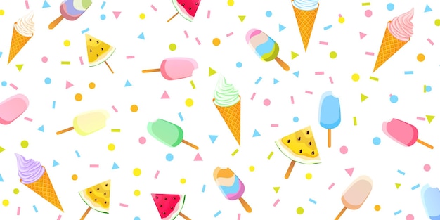 Zomerachtergrond met gekleurde ijslollys, ijs in wafelkegels en stukjes watermeloen.