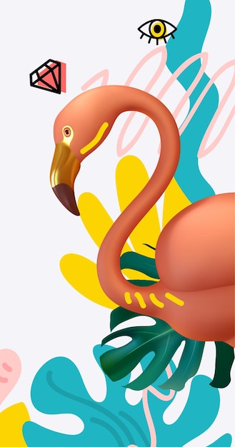 Zomerachtergrond met realistische 3D-roze flamingo, weelderige palmbladeren in doodle vlakke stijl. Zomer ontwerp minimale poster, spandoek. ruimte voor tekst. Vector illustratie