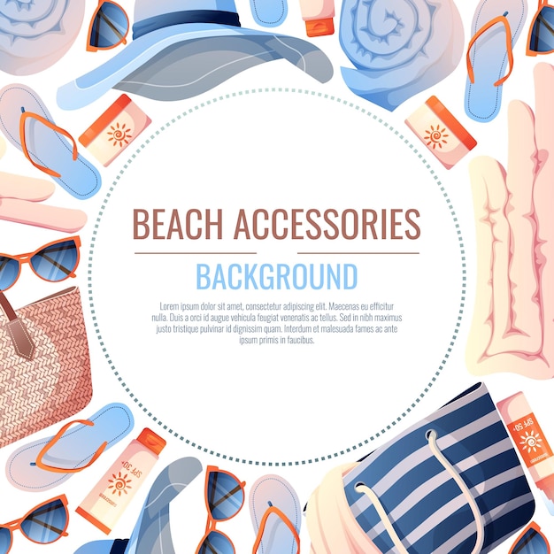 Zomerachtergrond met strandaccessoires Strandframe gemaakt van strozak hoed en zonnebrandcrème Strandvakantie vakantie zomertijd zeesfeer Poster flyer kaart voor zomerverkoop