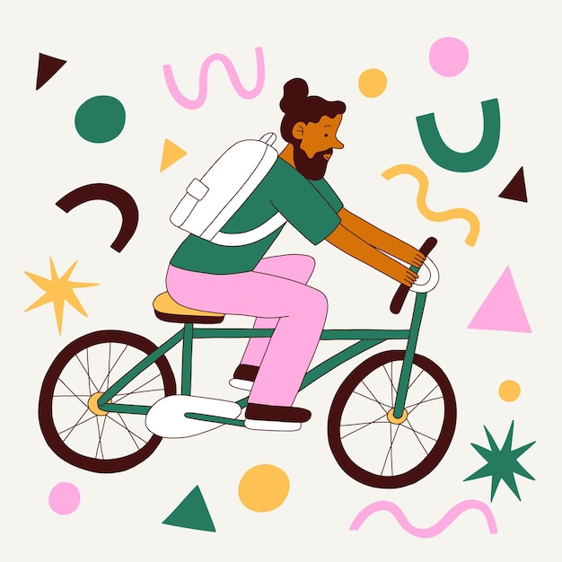 Zomeractiviteit en sport mannelijk karakter op fiets hand getekende vlakke afbeelding geïsoleerd