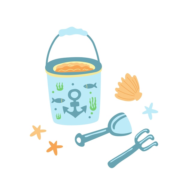 Zomeractiviteiten voor kinderen op het strand Castle bucket spade shovel Children's vector illustration