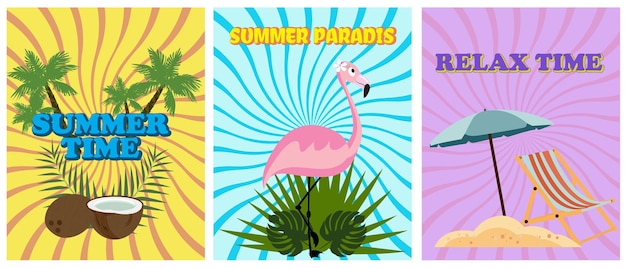 Vector zomercollectie kaarten platte en kleurrijke ontwerpen helder flamingo's tropische bladeren palmbomen