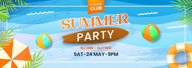 Zomerfeest concept sjabloon vector illustratie met met zomer bladeren paraplu's en strand balloo