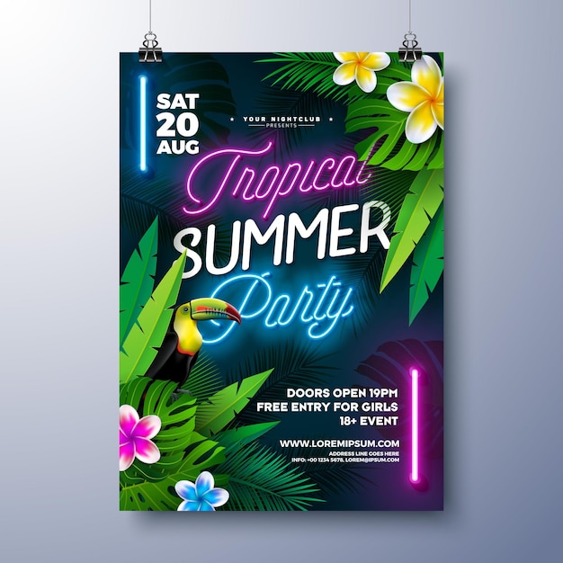 Vector zomerfeest flyer-ontwerpsjabloon met gloeiend neonlicht en exotische bloem op tropische bladeren