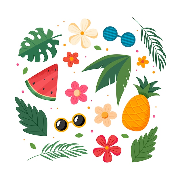 Zomerfruit, bladeren en bloemen, elementen collectie. Vectorillustratie in vlakke stijl