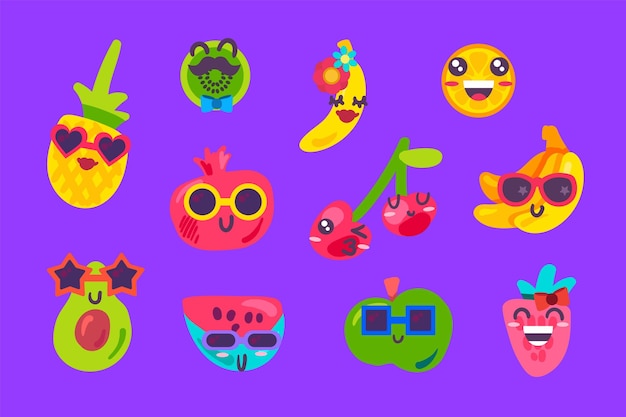 Zomerfruit emoji emotie collectie set vector