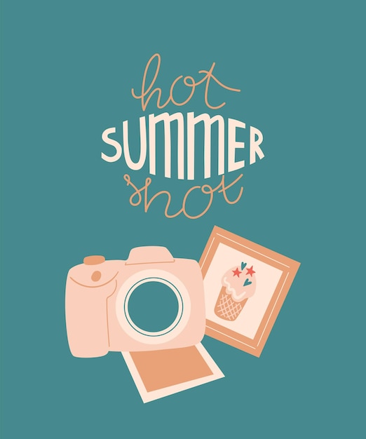 Vector zomerillustratie met fotocamera foto's shots of foto's en belettering hot summer shot