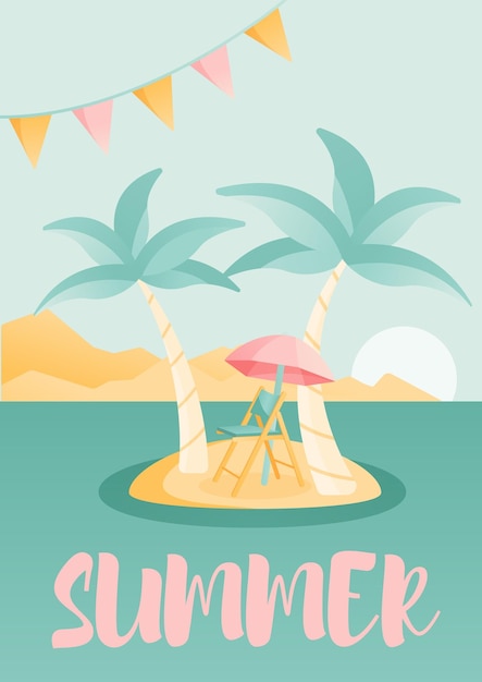 Vector zomerillustratie van twee palma's en ligstoel met parasol op het eiland in de oceaan