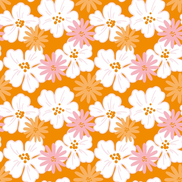 Zomerkamille en andere bloemen op oranje achtergrond Zomerprint Vector