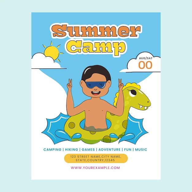 Zomerkamp flyer design met cartoon zwemmer jongen en draak zwemmen ring in blauwe en witte kleur voor reclame!