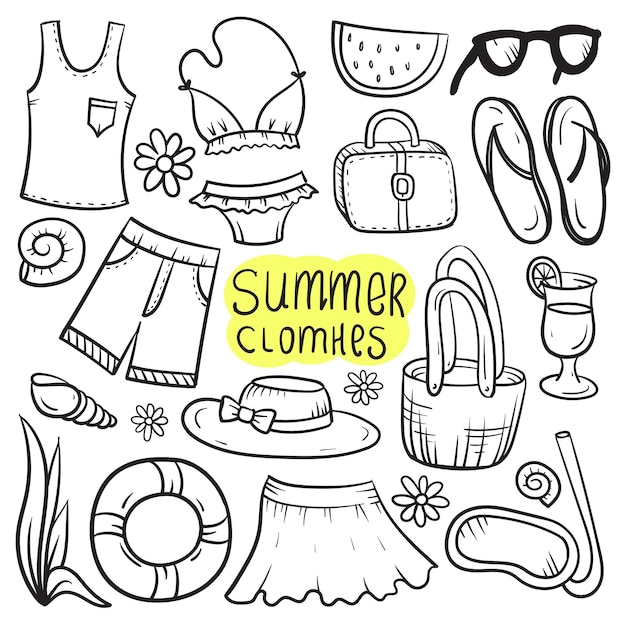 Zomerkleren met de hand getekend in doodle-stijl Vectorillustratie geïsoleerd op een witte achtergrond