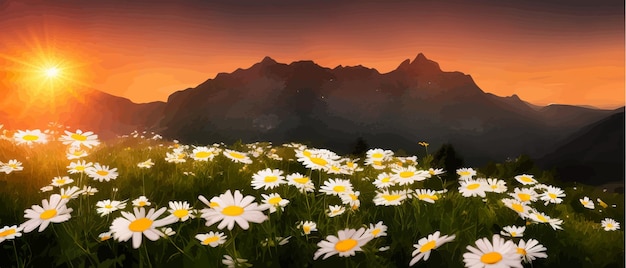 Vector zomerlandschap velddaisies tegen de achtergrond bergen wilde natuur met hemel met wolken zonsondergang
