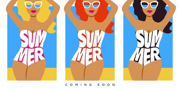 Zomermeisjes in zonnebrillen en badkleding op het strand in pinup-stijl