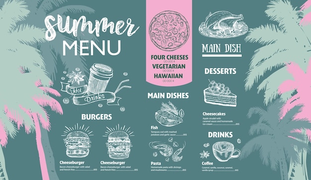 Zomermenu Restaurant eten Hand getekende illustraties Vector food flyer