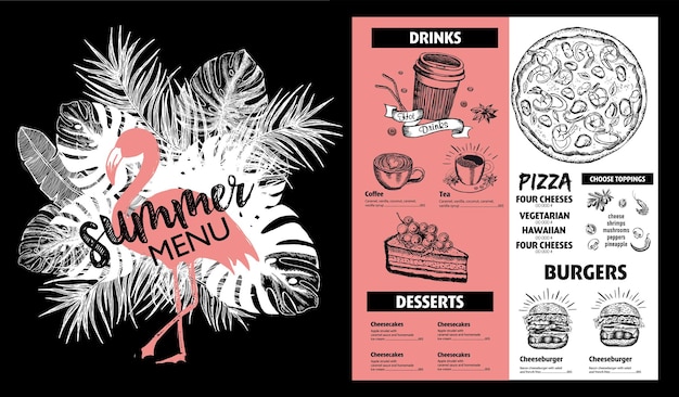 Zomermenu restaurant eten menu ontwerp handgetekende illustraties vector voedsel flyer