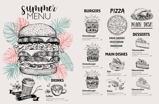 Zomermenu Restaurant eten menu ontwerp Handgetekende illustraties vector voedsel flyer