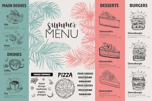 Zomermenu Restaurant eten menu ontwerp handgetekende illustraties
