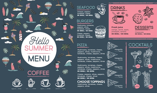 Zomermenu, sjabloonontwerp. Voedsel folder. Handgetekende stijl. Vector illustratie.