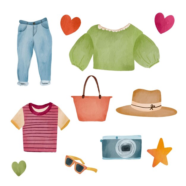 Zomermode en essentials aquarel