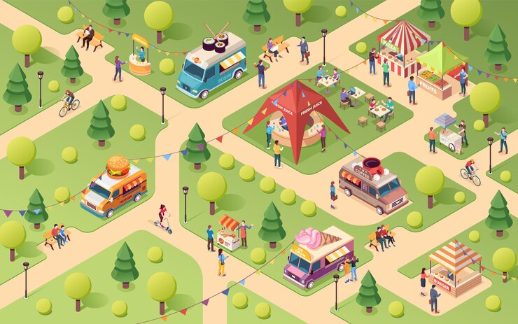 Vector zomerpark bij street food festival busje en tent